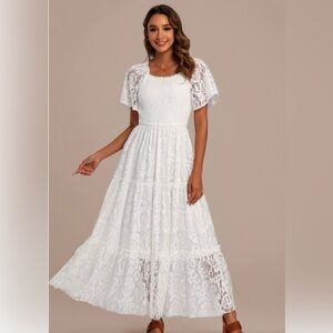 New Petallush Off White Lace Square Neck Short Sleeve Smocked Tiered Maxi Dress.